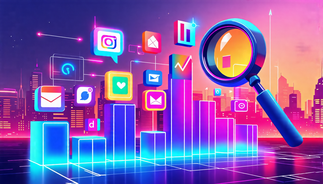 A stylized bar graph with colorful brand logos rising upwards, set against a backdrop of a bustling cityscape. The graph bars are made of different materia