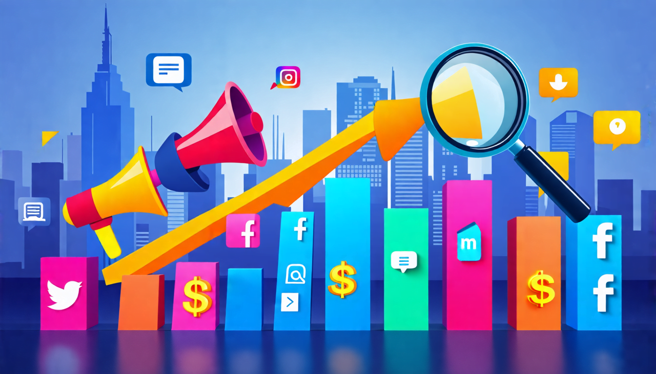 A stylized bar graph rising upwards, made of colorful marketing icons like megaphones, social media symbols, and dollar signs. The background shows a blurr