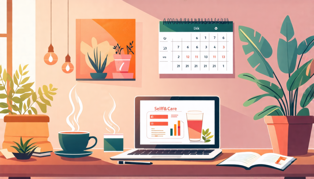 A serene home office space with a laptop, notebook, and steaming cup of tea on a desk. A wall calendar prominently displays self-care activities. Nearby, a