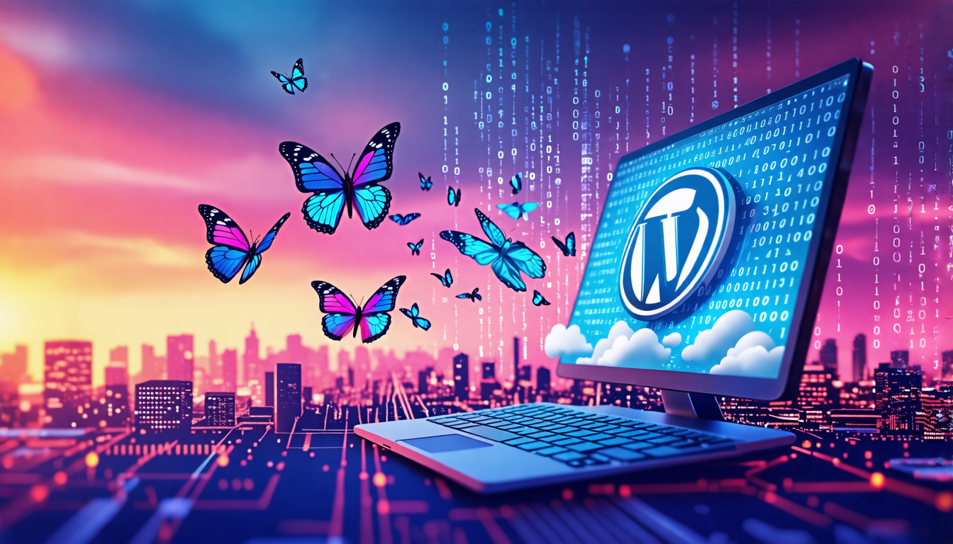 A digital landscape showing a flock of butterflies with WordPress logos on their wings, flying in formation from one computer screen to another. The source