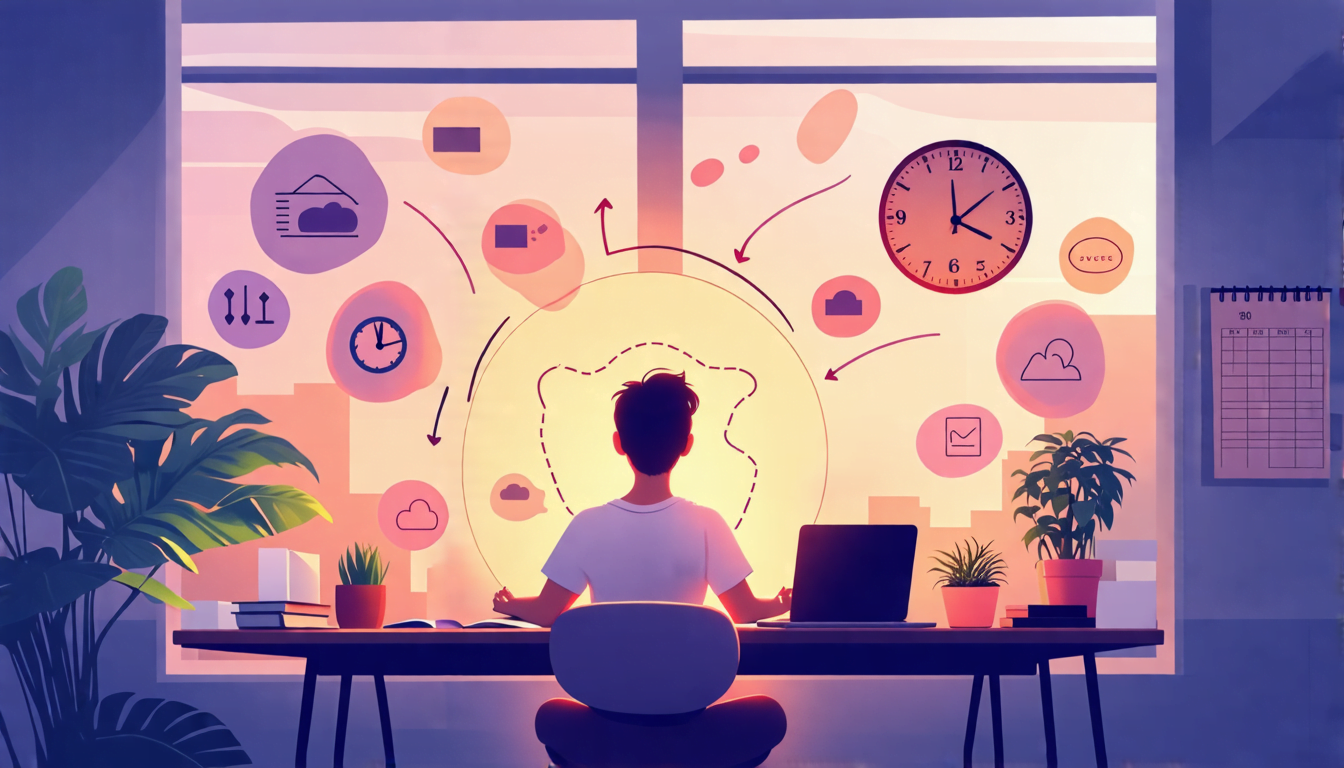 A serene home office with a freelancer meditating at their desk, surrounded by a soft glow. The desk has a laptop, notebook, and a small zen garden. Floati