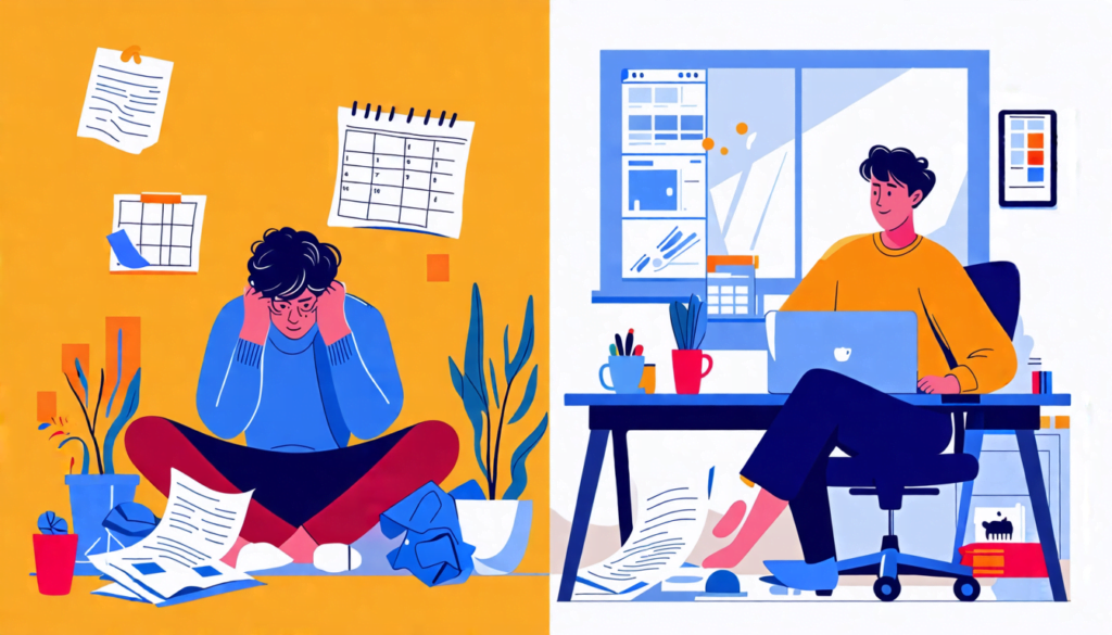 A split-screen image: On one side, a stressed freelancer working late at night surrounded by coffee cups and crumpled papers, representing common freelanci
