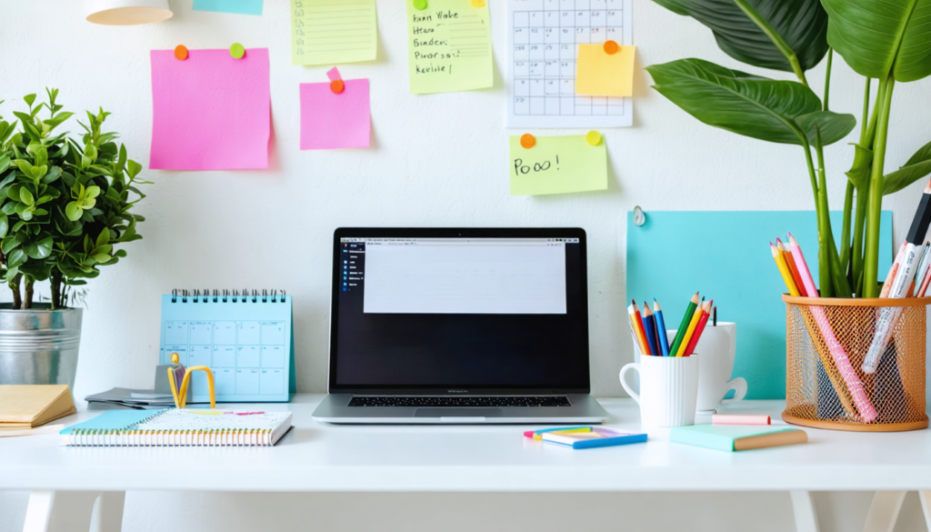 Create a visually appealing scene of a modern virtual assistant workspace, featuring a sleek desk with a laptop, notepad, and a coffee cup. Include elements that represent organization and productivit