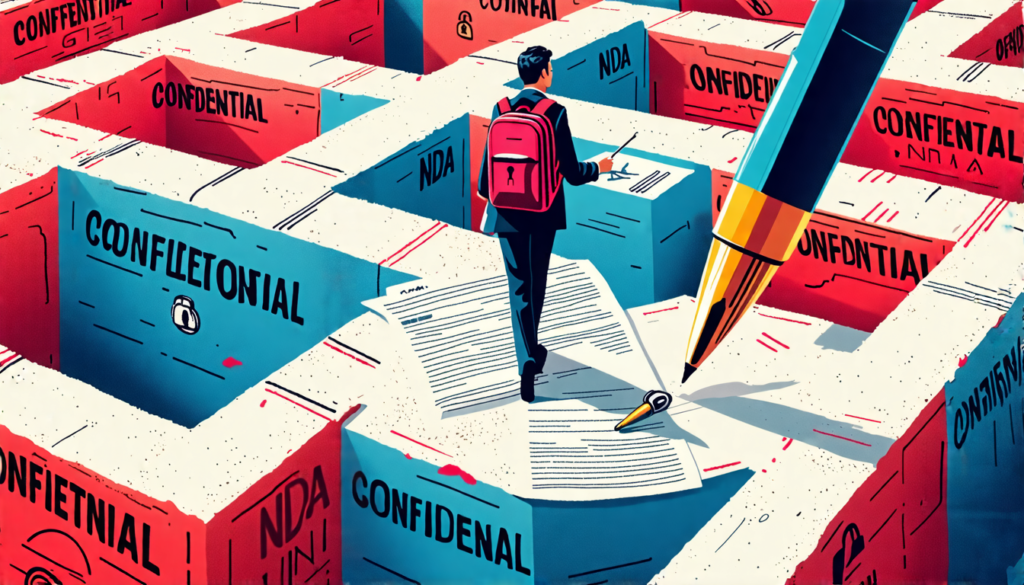 A maze-like labyrinth made of stacked legal documents, with a person carefully walking through it holding a compass. The walls of the maze are covered in l