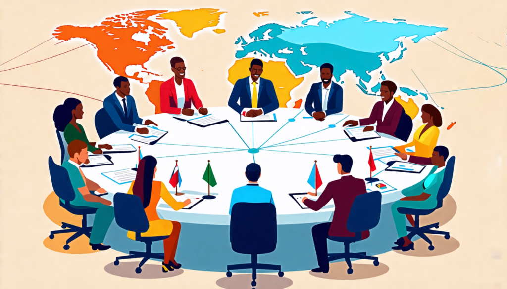 A diverse group of business professionals from various cultural backgrounds sitting around a circular negotiation table, each wearing traditional attire fr
