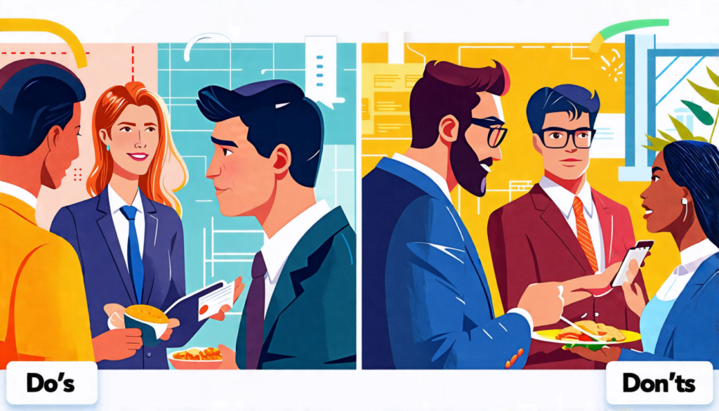 A split-screen image showing two contrasting business networking scenes. On the left side, labeled Do's, professionals are engaged in friendly, attentive c