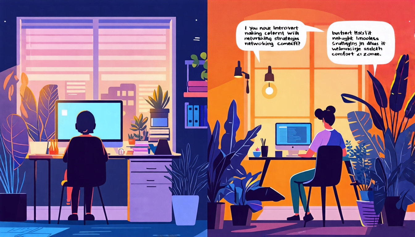 A split-screen image: On one side, a cozy home office with a person working on a computer, surrounded by plants and comfortable decor. On the other side, t