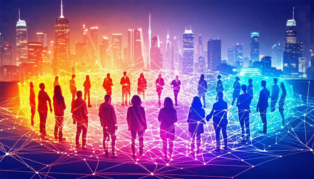 A diverse group of people standing in a circle, connecting colorful strings between each other to form an intricate web. The background shows a cityscape w