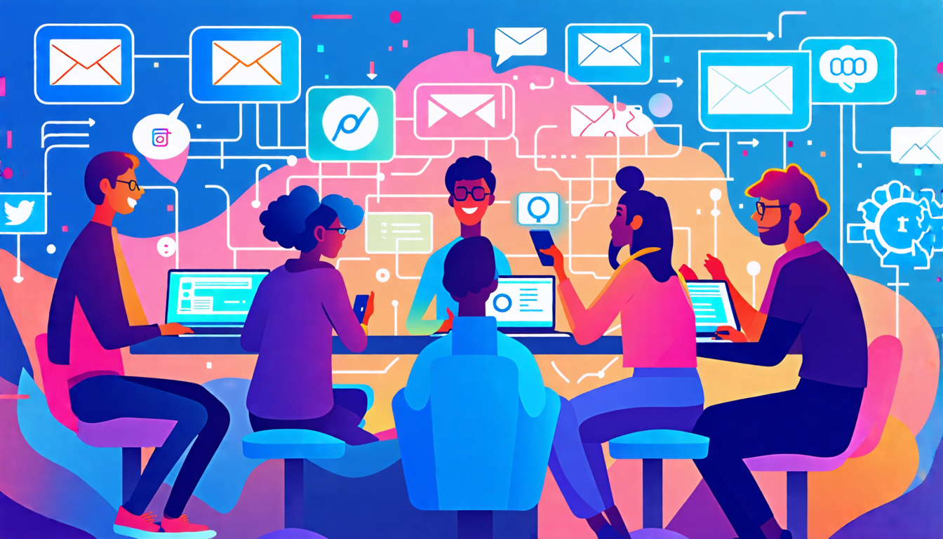 A vibrant classroom scene with diverse students engaged in group discussions, surrounded by floating digital icons representing social media platforms, ema