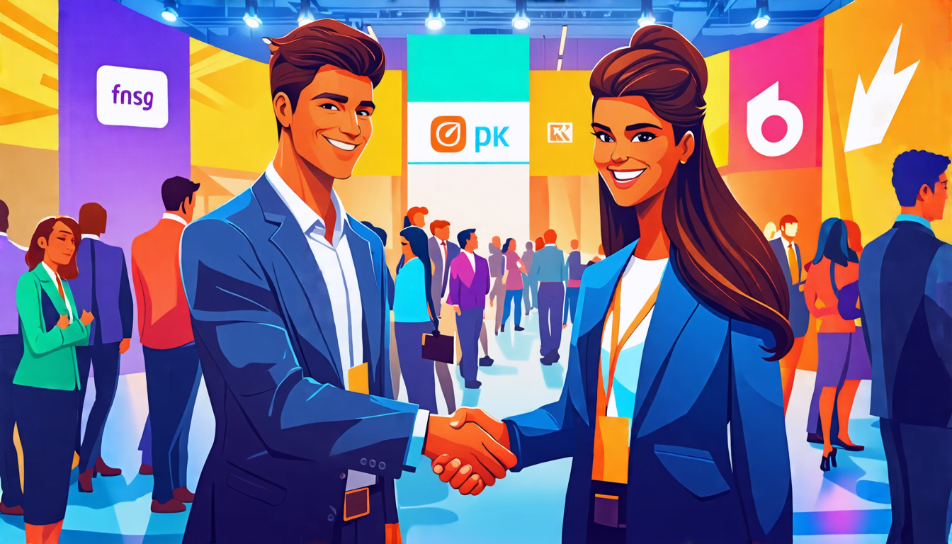 A bustling conference hall filled with professionals in business attire, exchanging business cards and engaging in animated conversations. The scene is vib