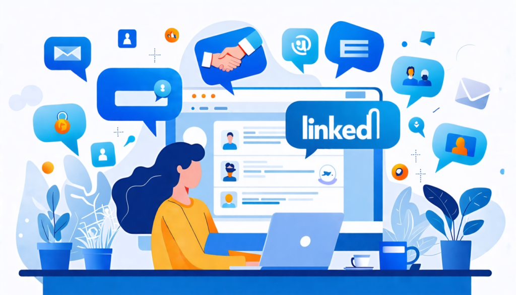 A professional-looking illustration of a person sitting at a desk with a laptop, their LinkedIn profile visible on the screen. Surrounding the person are f