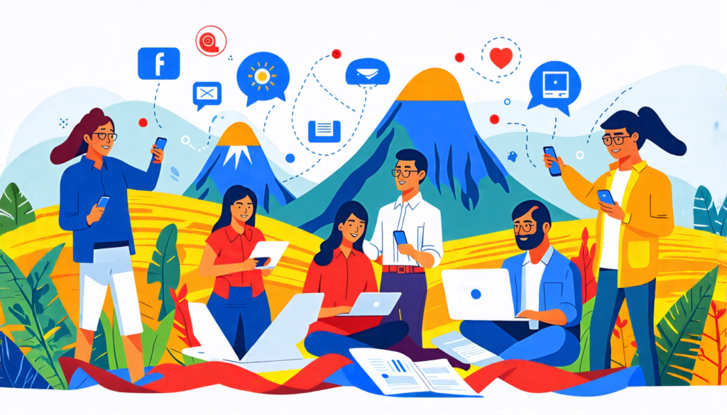 A digital illustration showing a group of diverse Filipino professionals connecting via laptops and smartphones. The background features iconic Filipino la