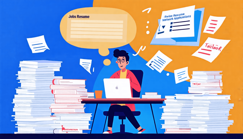 Create an illustration of a frustrated job seeker sitting at a desk with a laptop, surrounded by piles of resumes and job application materials. In the background, show a thought bubble with job adver