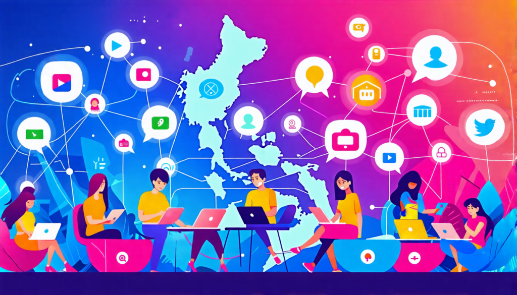 A vibrant digital illustration showing a group of diverse Filipino people working on laptops and smartphones, surrounded by floating social media icons and