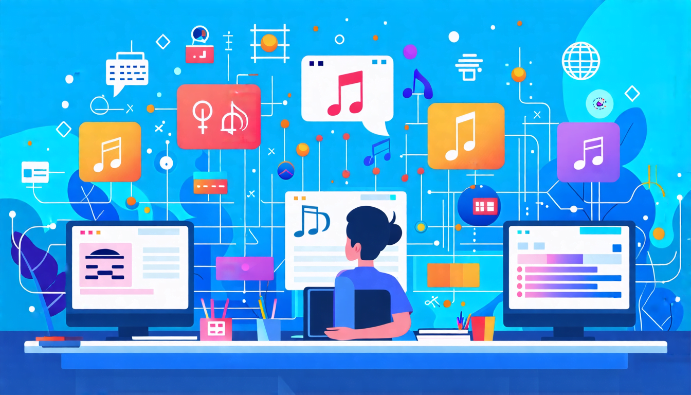 A digital classroom interface with multiple screens showing diverse skills being taught - coding, art, music, and languages. In the foreground, a student s