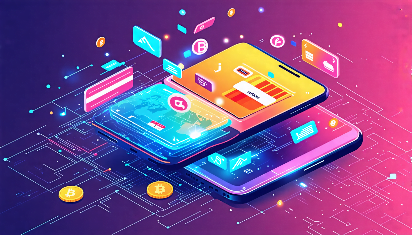 A futuristic digital wallet hovering above a smartphone, with various colorful icons representing different payment methods (credit cards, cryptocurrencies