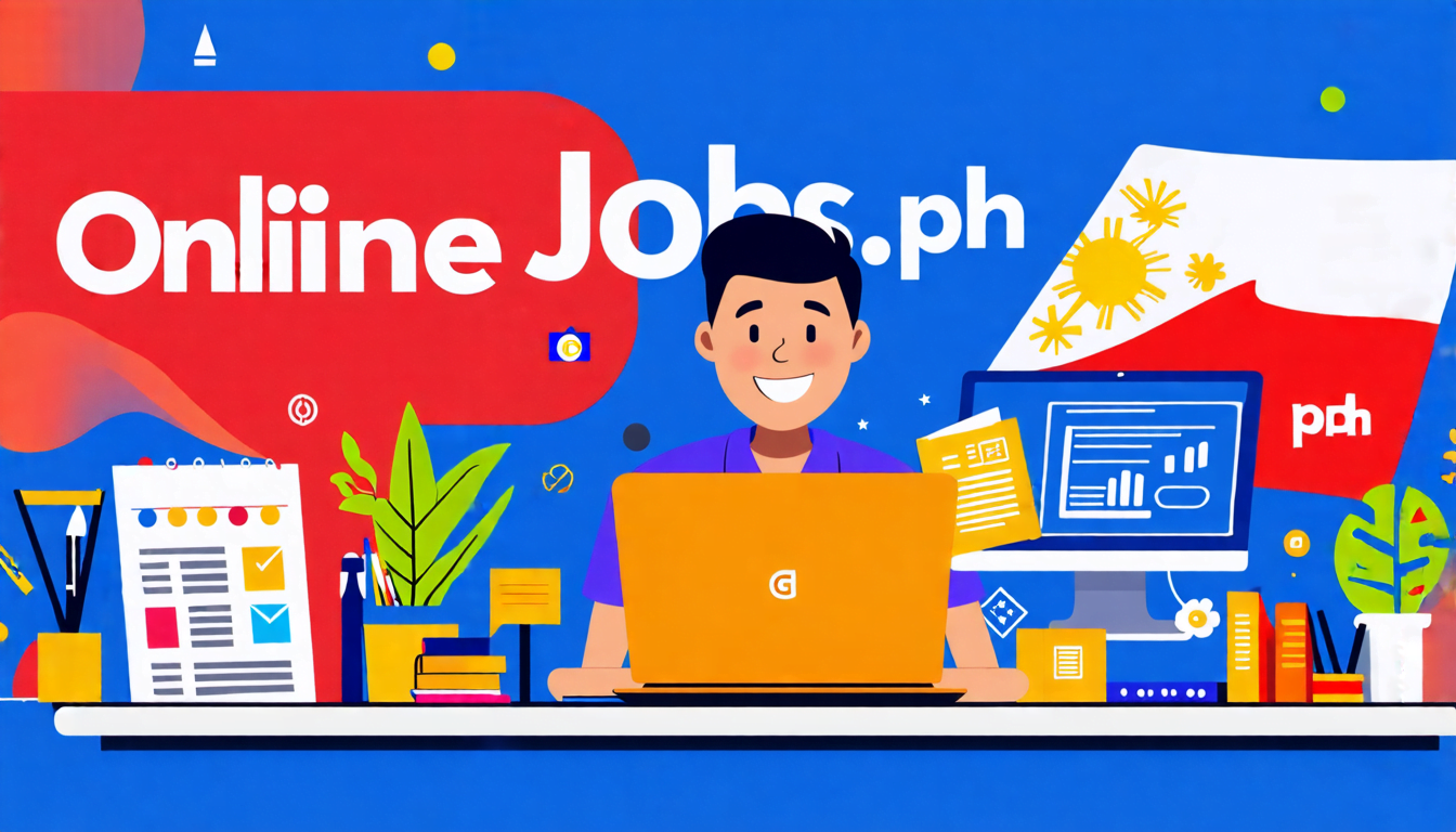 A digital illustration showing a Filipino worker sitting at a desk with a laptop, surrounded by icons representing various online job categories like writi