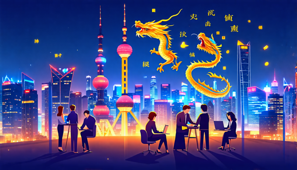 A modern cityscape of Shanghai at night with illuminated skyscrapers, featuring a diverse group of Chinese professionals in the foreground. They are workin