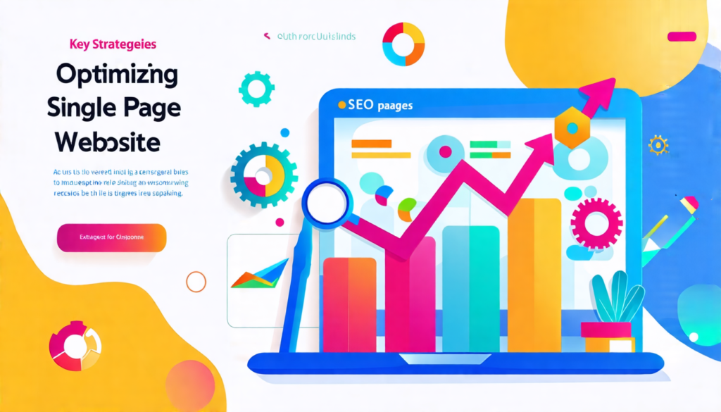 Create an informative and visually appealing infographic that illustrates key strategies for optimizing single-page websites for SEO. Include elements such as a search engine icon, upward trending gra