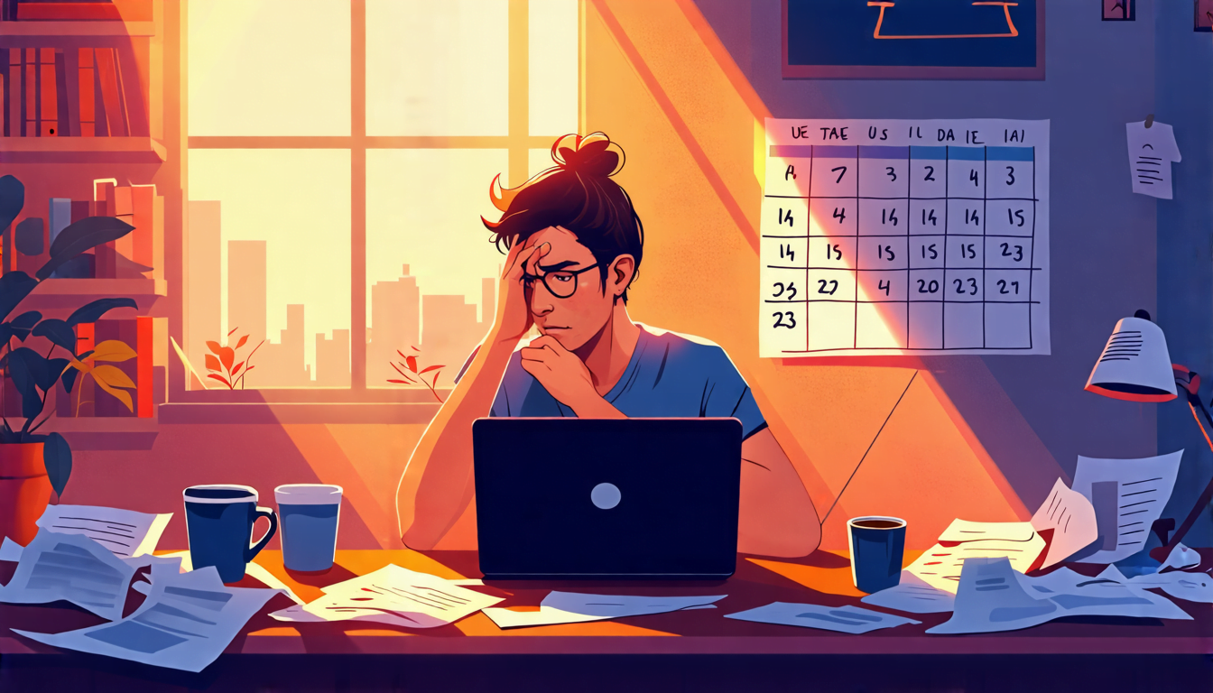 A determined person sitting at a desk with a laptop, surrounded by crumpled papers and coffee cups. The room is dimly lit, but a bright ray of sunlight bre