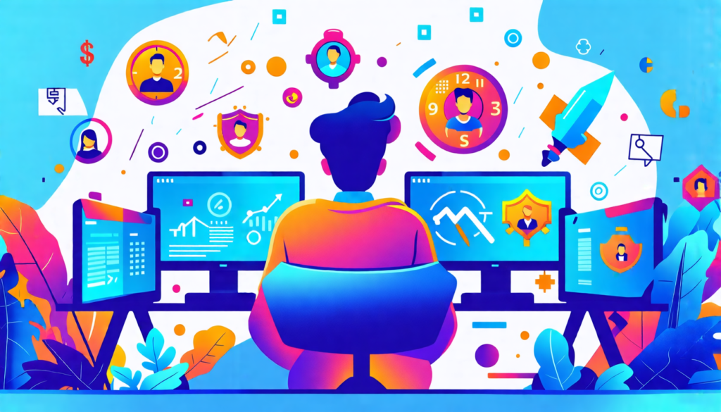 A determined freelancer sitting at a desk with multiple computer screens, surrounded by a swirling storm of obstacles like clocks, dollar signs, and client