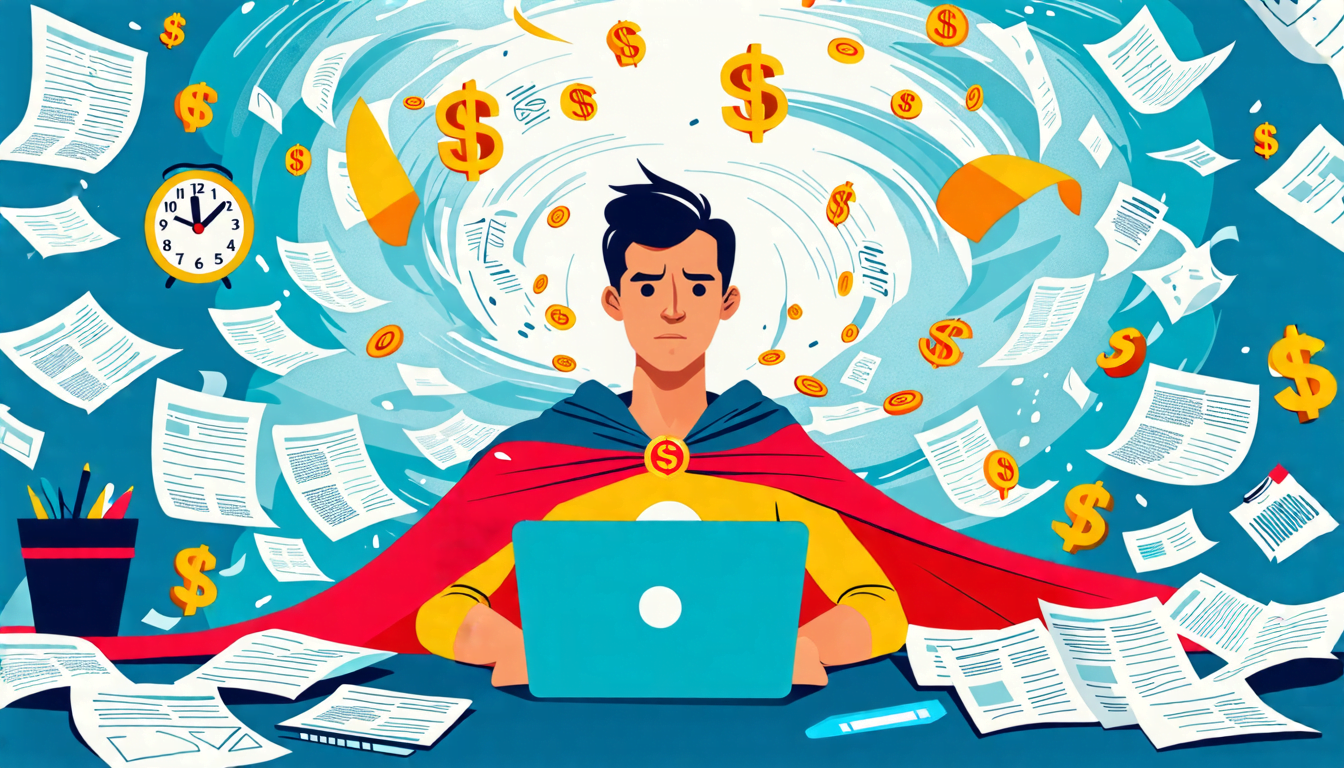 A determined person sitting at a desk with a laptop, surrounded by a swirling storm of paperwork, clocks, and dollar signs. The person is wearing a superhe