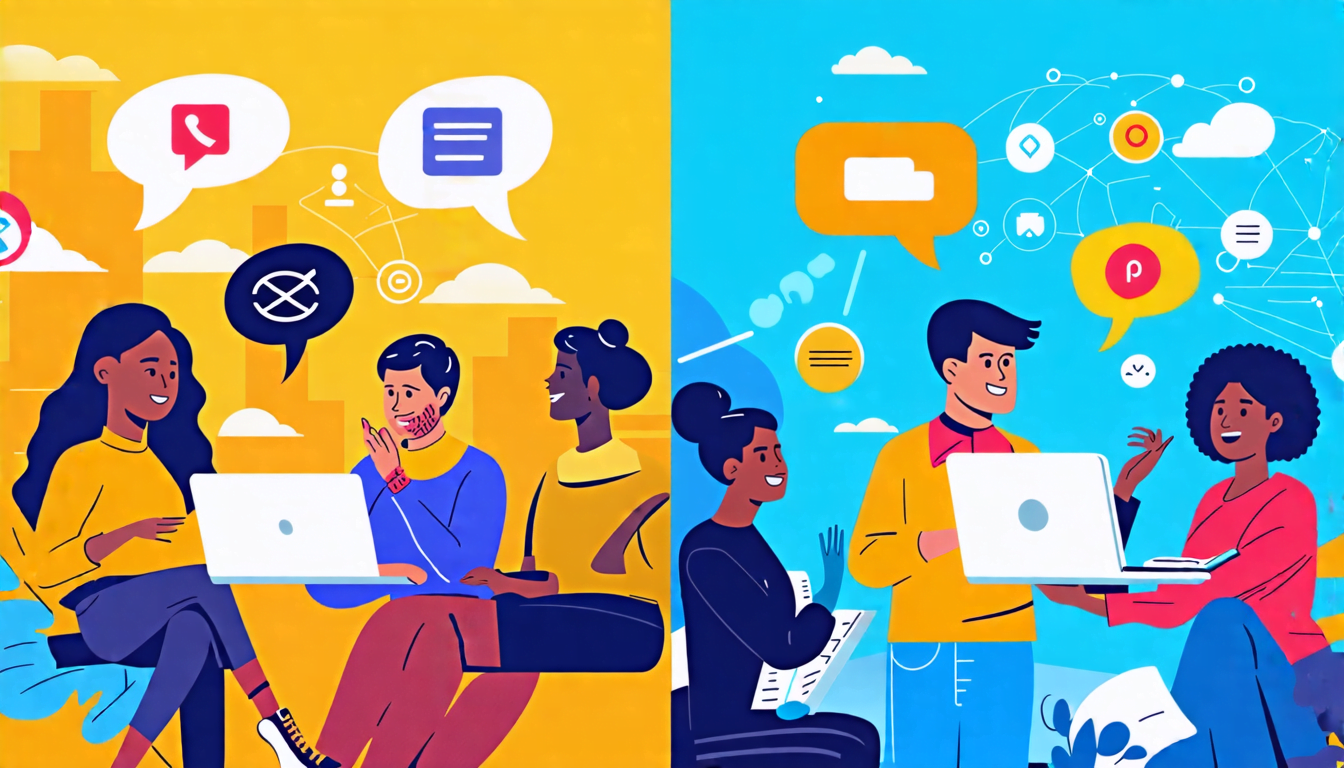 A split-screen image: On one side, a diverse group of people from different cultures communicating through gestures and facial expressions, with thought bu