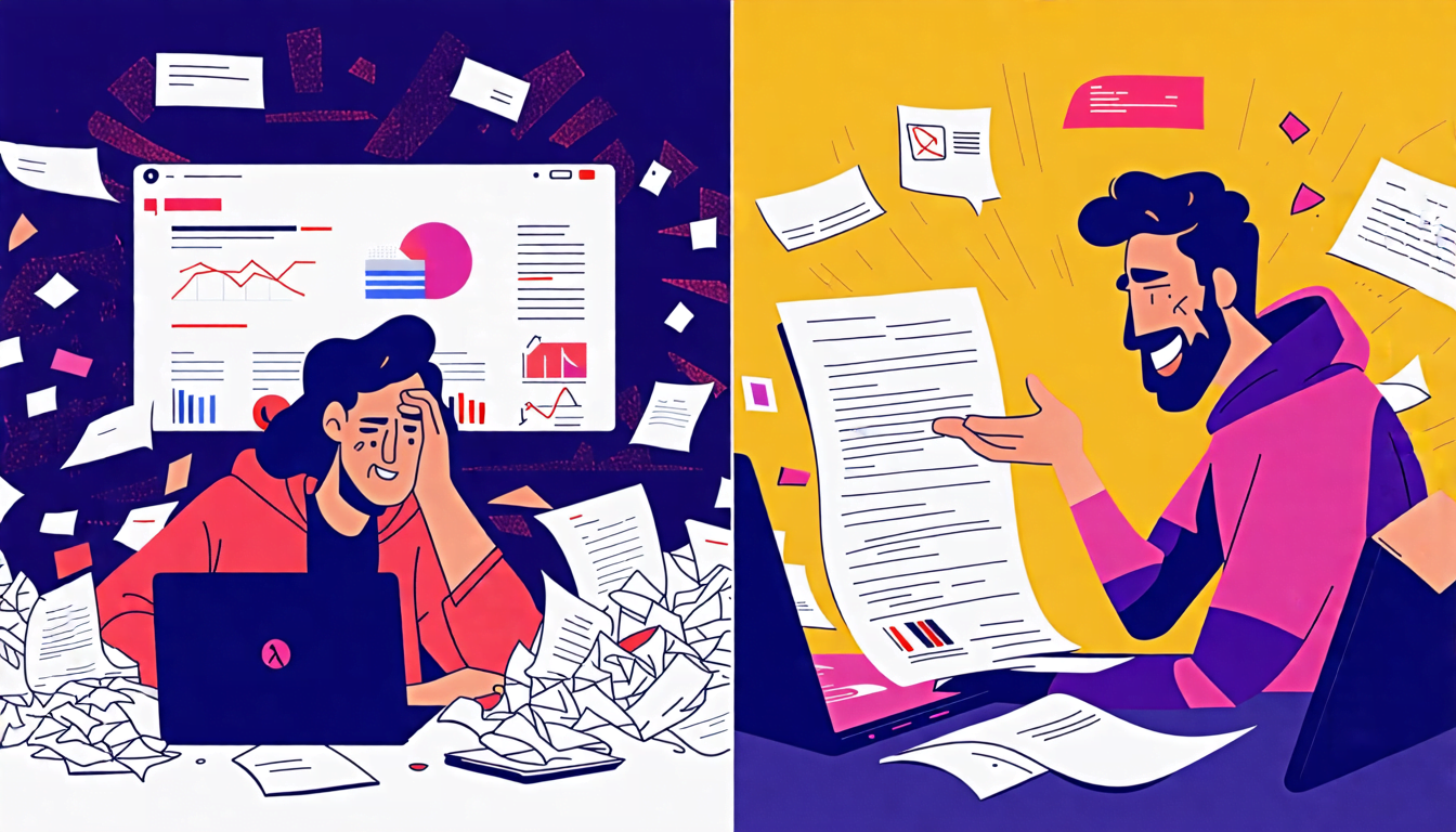 A split-screen image: On one side, a stressed freelancer surrounded by crumpled papers and multiple laptop screens, obsessively tweaking a project. On the