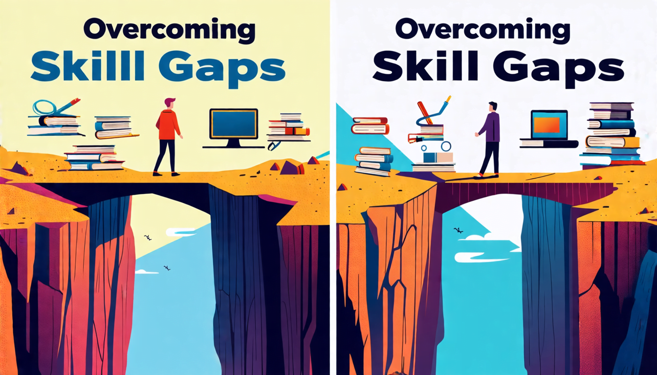 A split image: on the left, a person standing at the edge of a wide canyon, looking uncertain. On the right, the same person confidently crossing a sturdy