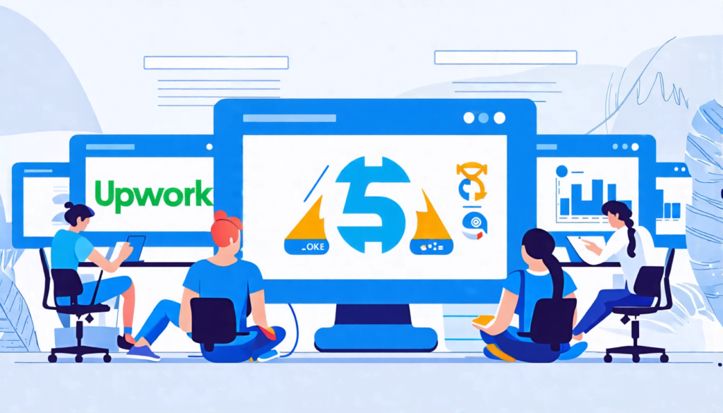 A digital workspace with multiple computer screens displaying logos of popular freelancing platforms like Upwork, Fiverr, and Freelancer. In the foreground
