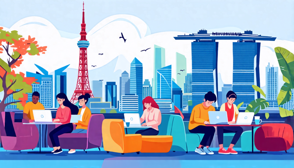 A digital illustration showing a diverse group of Asian freelancers working on laptops in various iconic Asian settings. The scene blends traditional and m