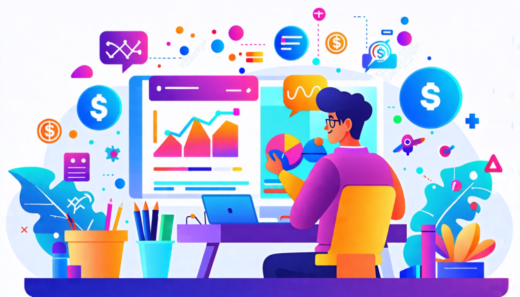 A stylized illustration showing a freelancer at a desk with a laptop, surrounded by various digital marketing icons and symbols. The freelancer is confiden