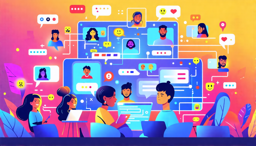 A digital landscape with diverse avatars representing people of different ages and backgrounds, gathered around interconnected glowing screens. The screens