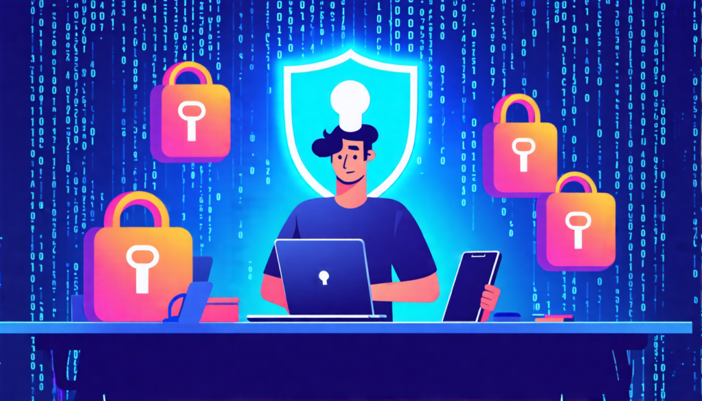 A digital illustration showing a freelancer sitting at a desk with multiple devices (laptop, tablet, smartphone) surrounded by floating padlocks and keys.