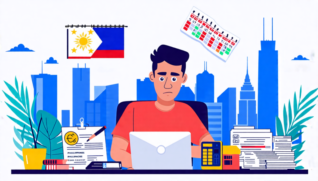 A Filipino freelancer sitting at a desk with a laptop, surrounded by tax forms and receipts. The background shows a blend of traditional Filipino elements