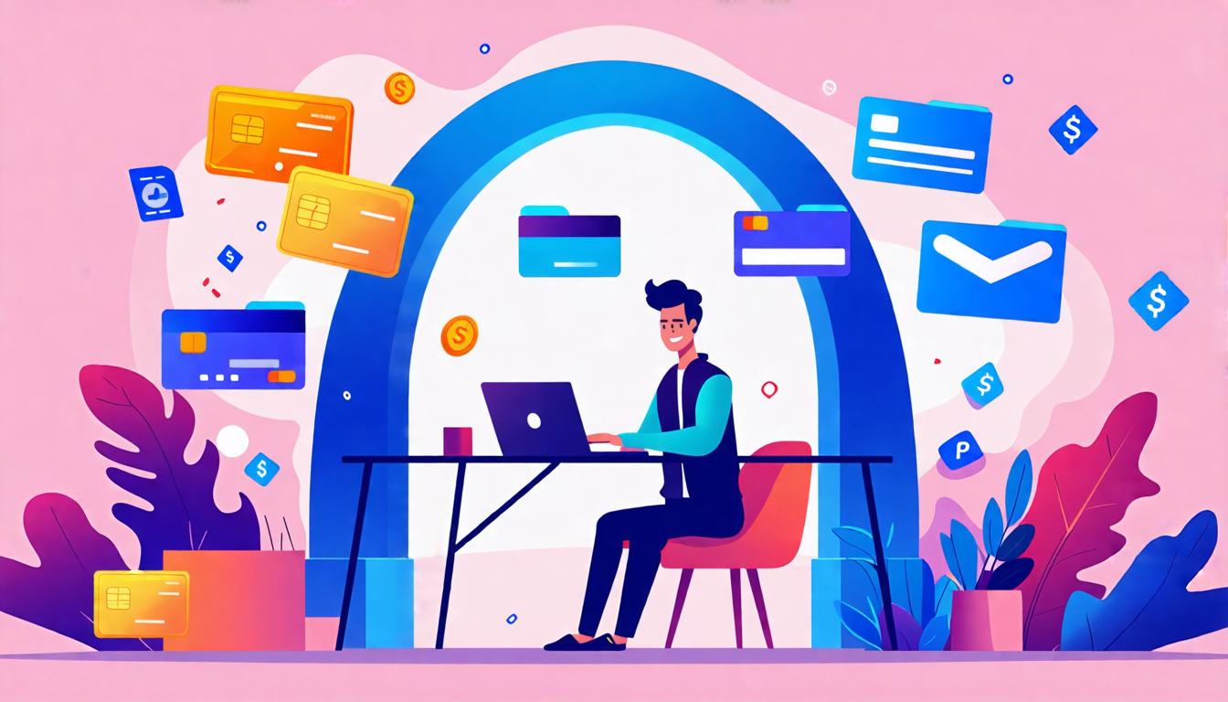A digital illustration showing a smiling freelancer sitting at a desk with a laptop, surrounded by floating icons representing various payment methods (cre