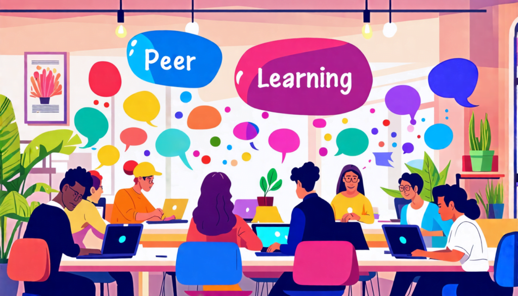 A vibrant coworking space filled with diverse freelancers collaborating at shared tables, laptops open, exchanging ideas. Colorful thought bubbles connect