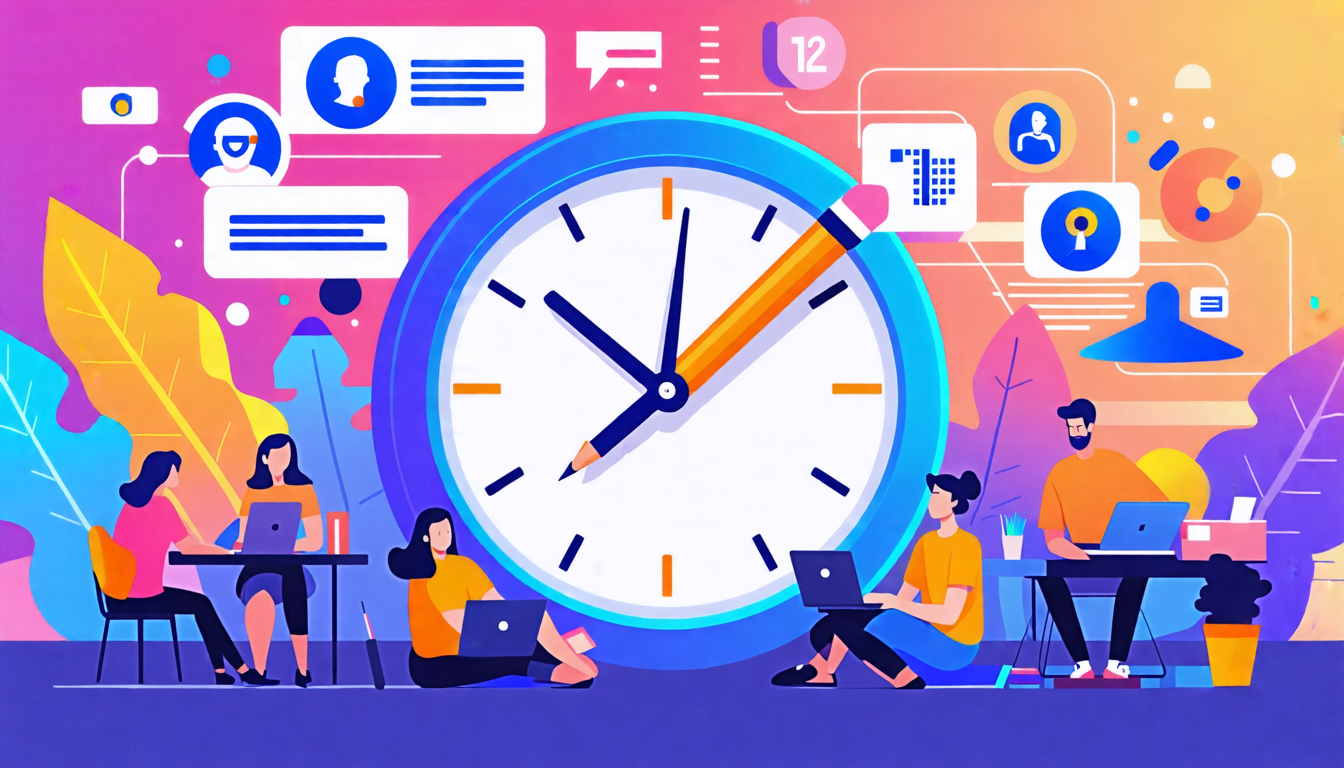 A digital marketplace scene with a large clock face in the center, surrounded by diverse freelancers working on laptops and tablets. The clock hands are ma