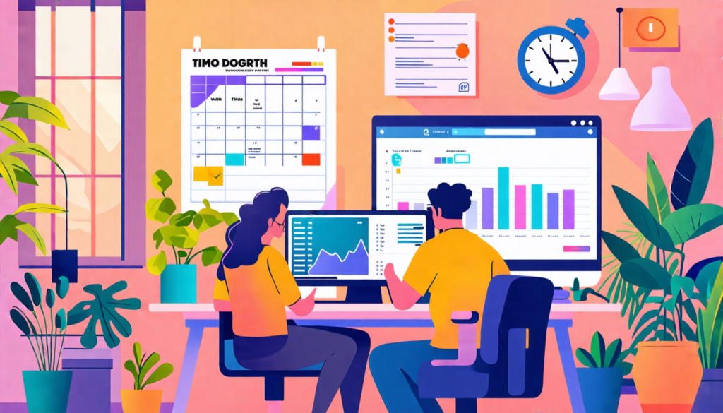 An aesthetically pleasing home office scene showcasing a diverse group of remote workers utilizing various time management techniques. Include elements such as digital calendars, to-do lists, timers,