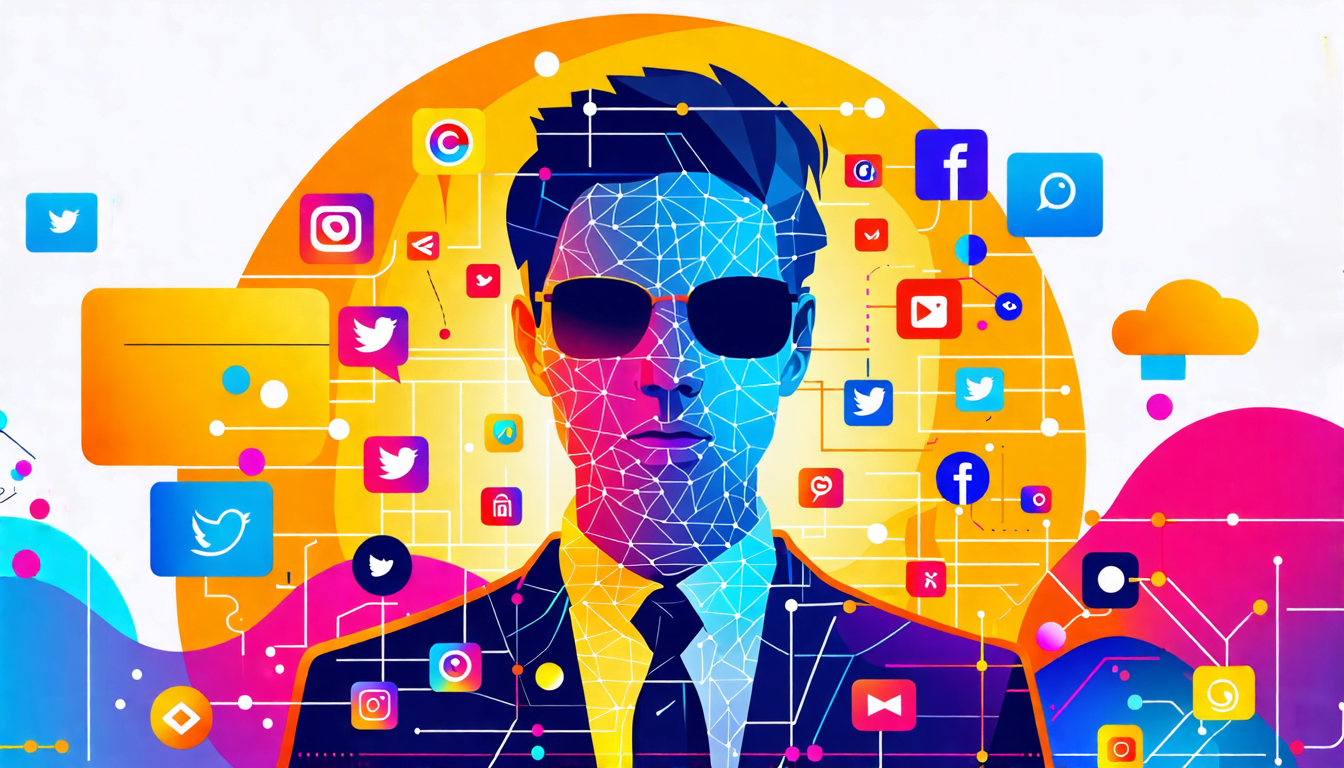 A stylized portrait of a person with their face composed of various social media icons and marketing symbols, standing confidently in front of a vibrant ba