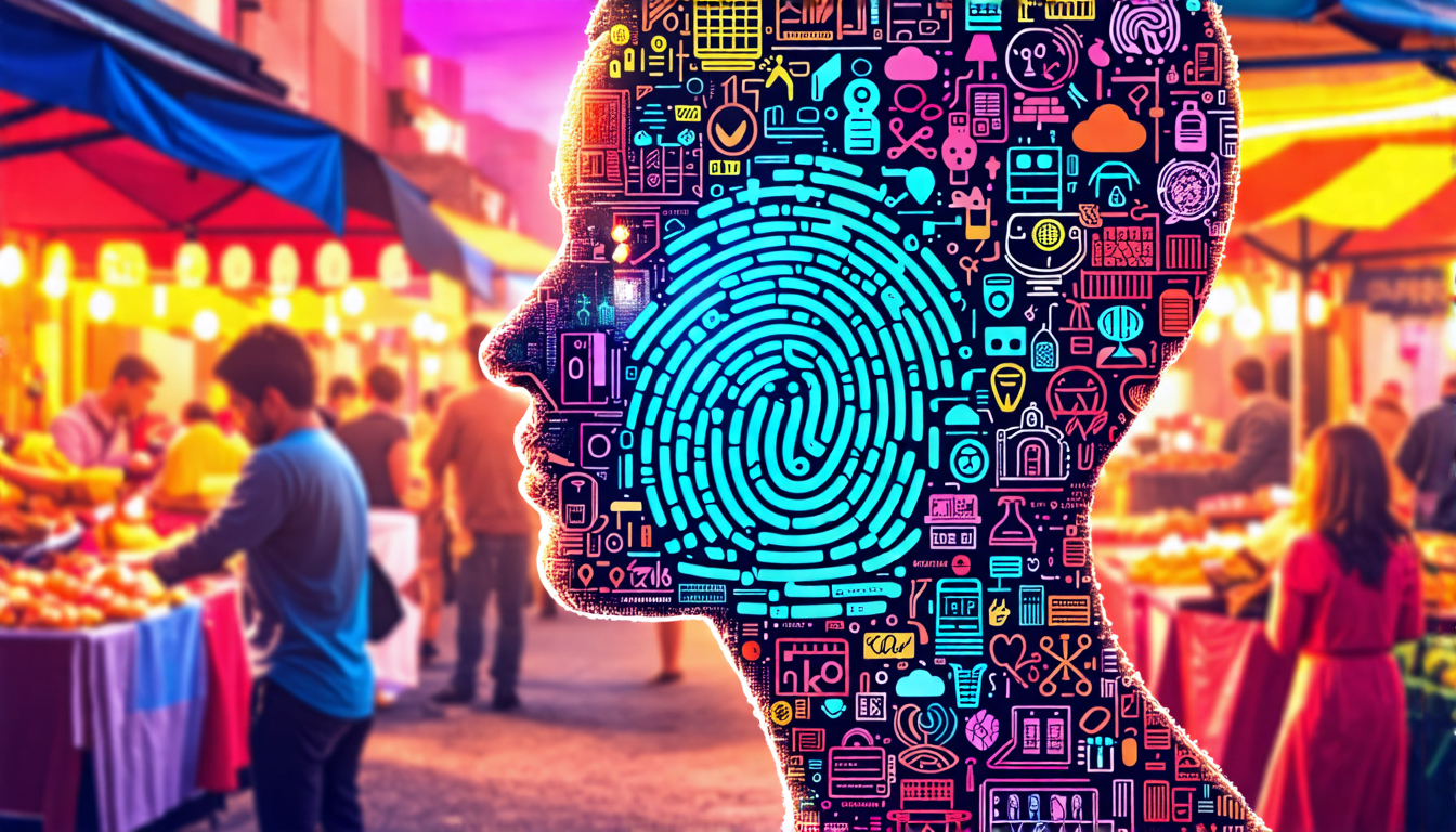 A stylized portrait of a person made up of diverse icons and symbols representing various niche markets, with a glowing, unique fingerprint overlaid on the