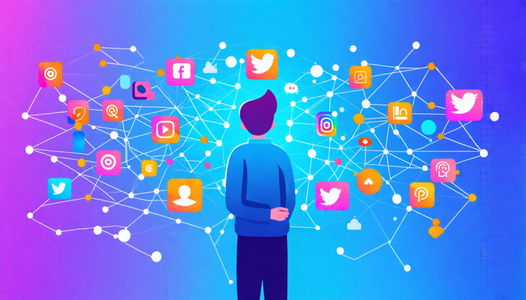 A stylized illustration showing a person standing confidently in front of multiple social media logos and icons. The person is projecting a colorful, multi