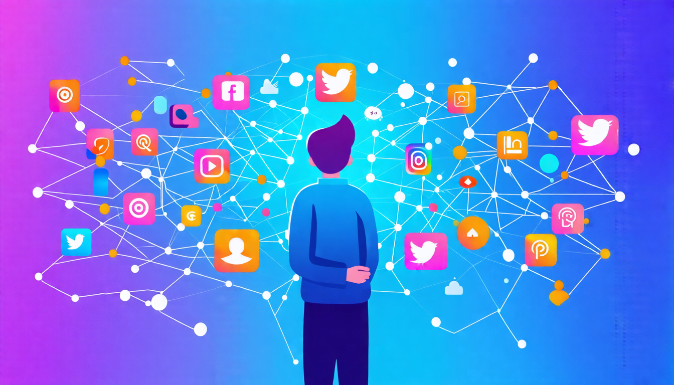 A stylized illustration showing a person standing confidently in front of multiple social media logos and icons. The person is projecting a colorful, multi