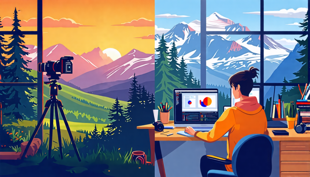 A vibrant, split-screen image: On one side, a photographer in action capturing a scenic landscape with a professional camera. On the other side, the same p