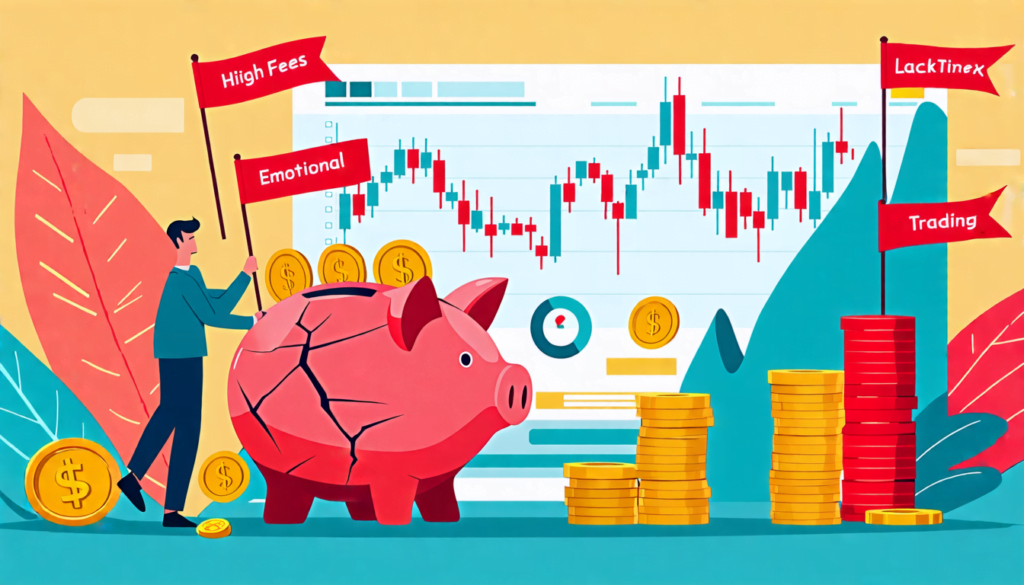 A colorful cartoon-style image of a worried investor juggling various financial symbols and objects. In the foreground, a large piggy bank with cracks is t