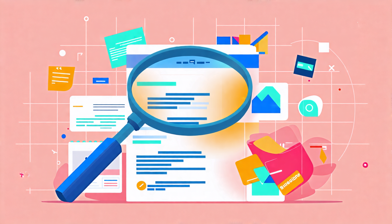 A minimalist illustration of a magnifying glass hovering over a collection of diverse portfolio items, including a resume, photographs, artwork, and code s