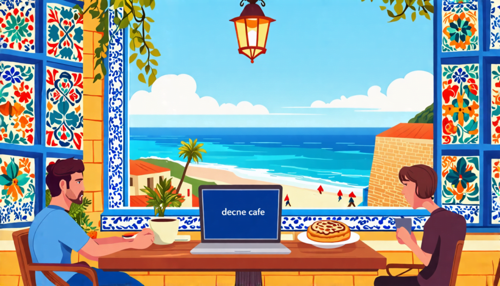 A digital nomad working on a laptop at a scenic Portuguese coastal cafe, with colorful traditional azulejo tiles in the background and a pastel de nata pas