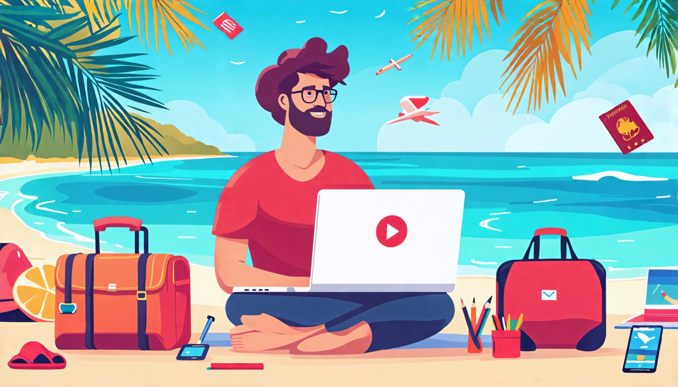 A digital nomad sitting at a laptop on a tropical beach, surrounded by travel essentials like a passport, suitcase, and smartphone. The laptop screen displ