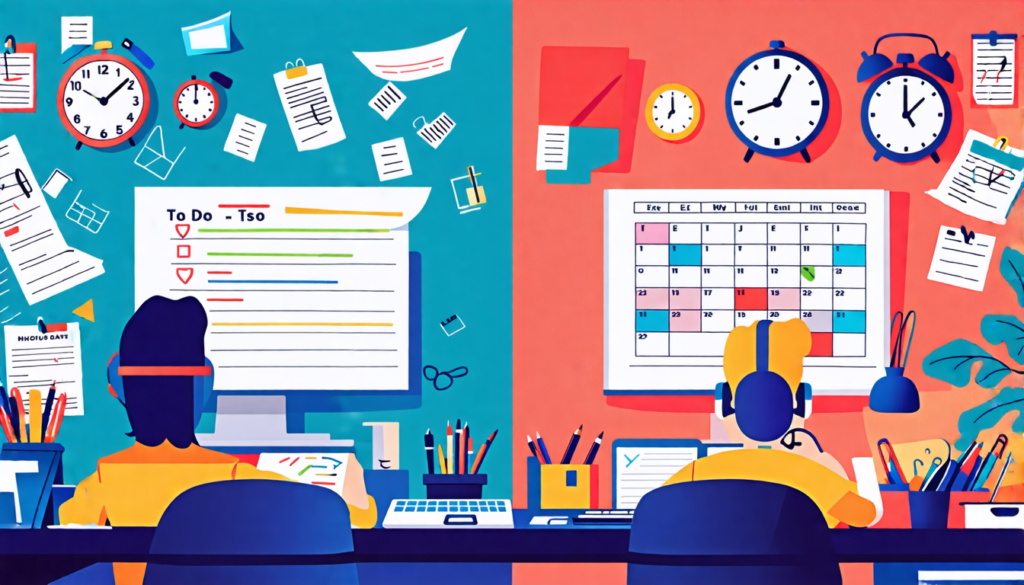 A split-screen image showing a focused freelancer at their desk. On one side, they're surrounded by a chaotic mess of papers, clocks, and gadgets. On the o