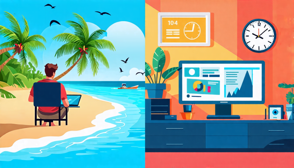 A split-screen image: On one side, a person working on a laptop on a tropical beach with palm trees and clear blue water, looking relaxed and productive. O
